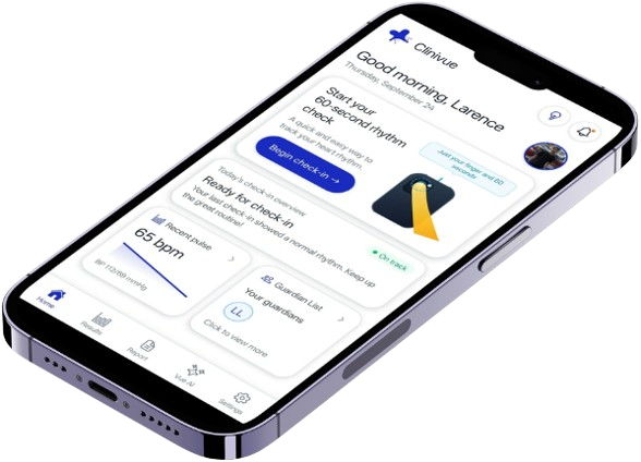 A phone lying at an angle showing the Clinivue app home screen