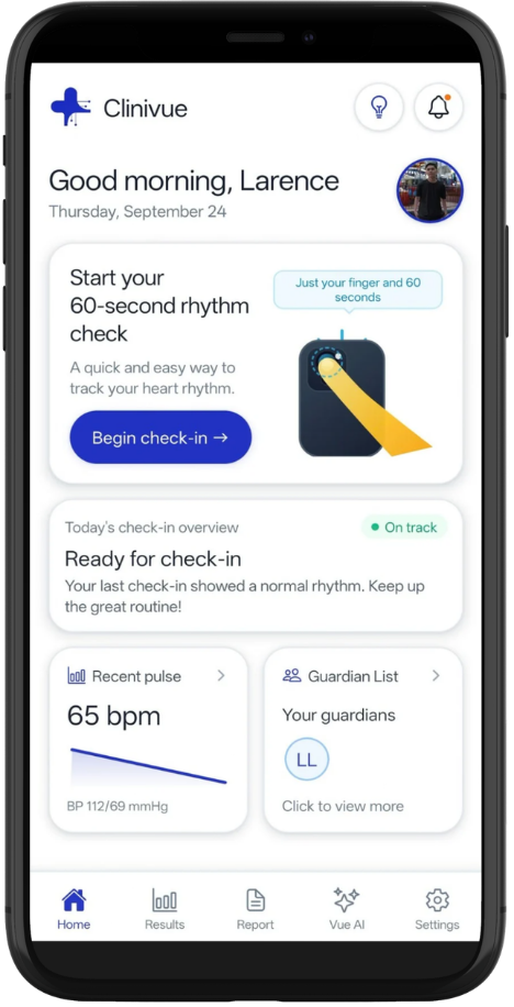 The Clinivue app home screen with a rhythm check, recent pulse and check-in overview