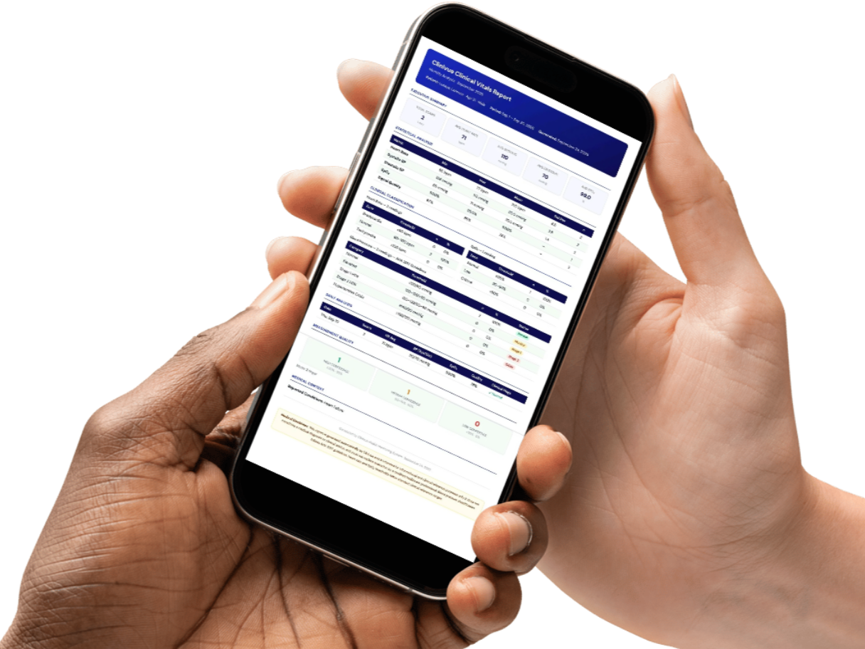 Two hands holding a phone showing a Clinivue clinical vitals PDF report