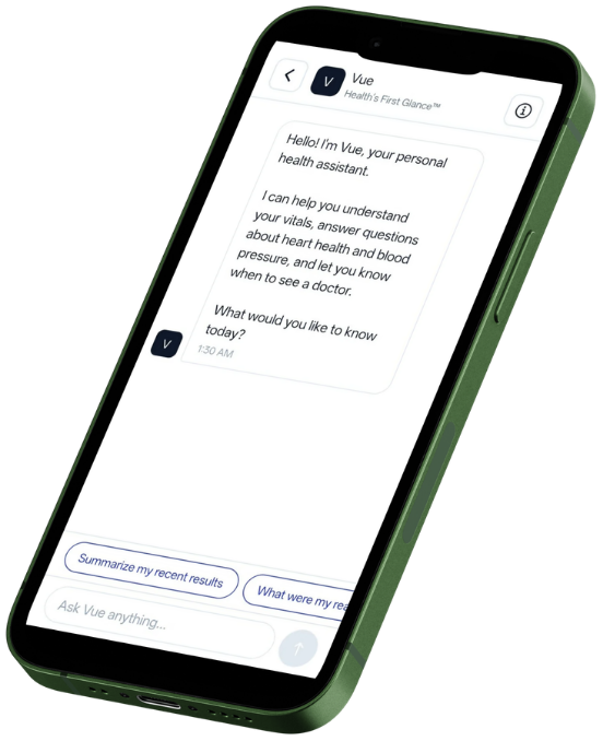 Vue AI chat screen introducing itself as a personal health assistant